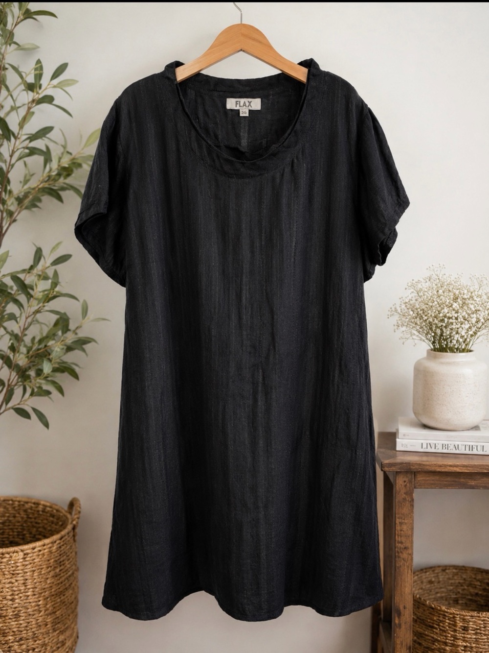 Flax Black Short-Sleeve Linen Tunic Dress size 2 G/ 22-24